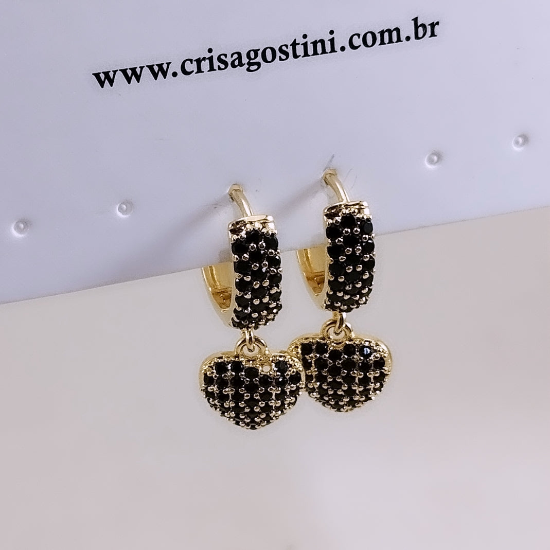 Brinco Argolinha Pingente Coração Microzircônias
