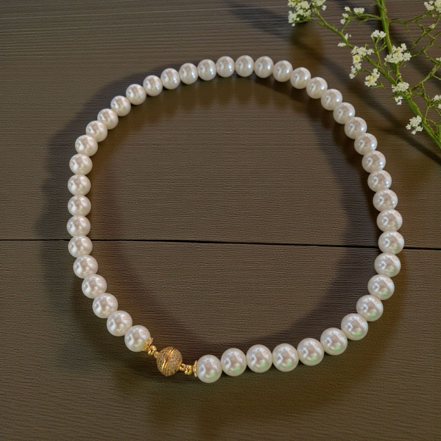Colar Pérola Shell 10mm e Bola Microzircônias