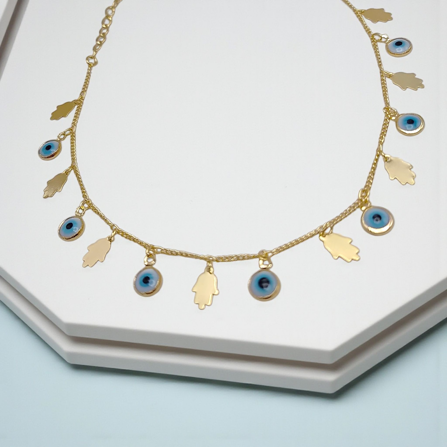 Colar Choker Olho Grego e Mão de Fátima
