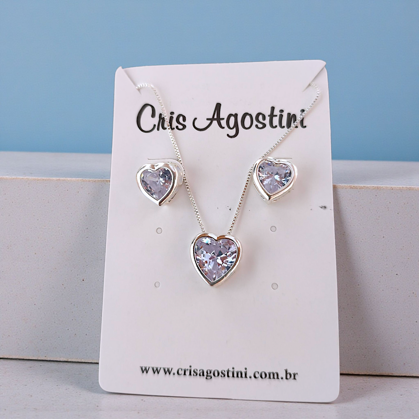 Conjunto Coração Cristal Caixa Prata 925