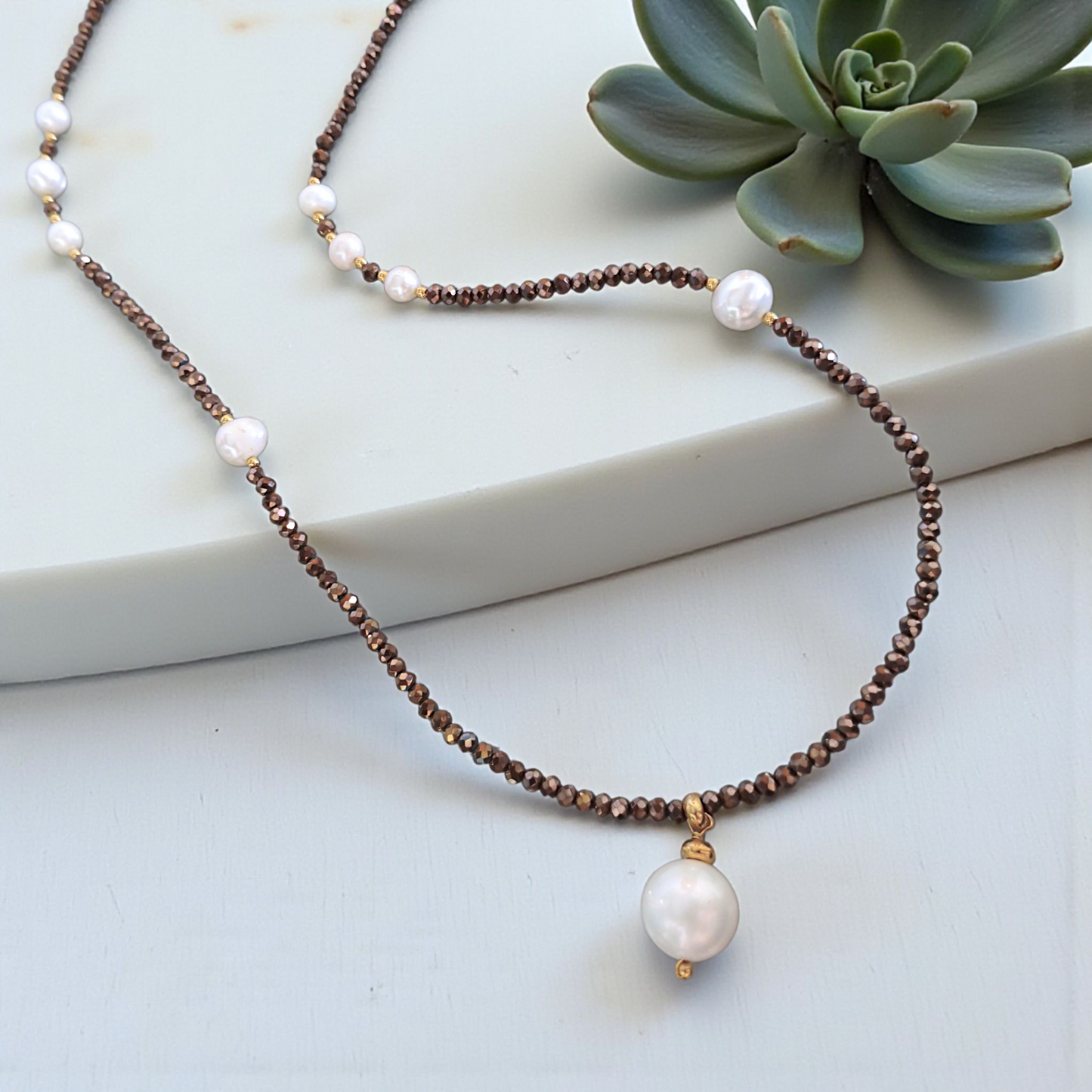 Colar Longo Cristal, Pérolas e Pérola Grande