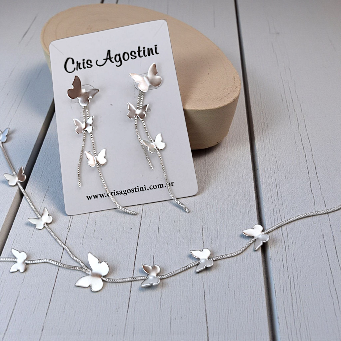 Conjunto Gravatinha Borboletas Prata 925