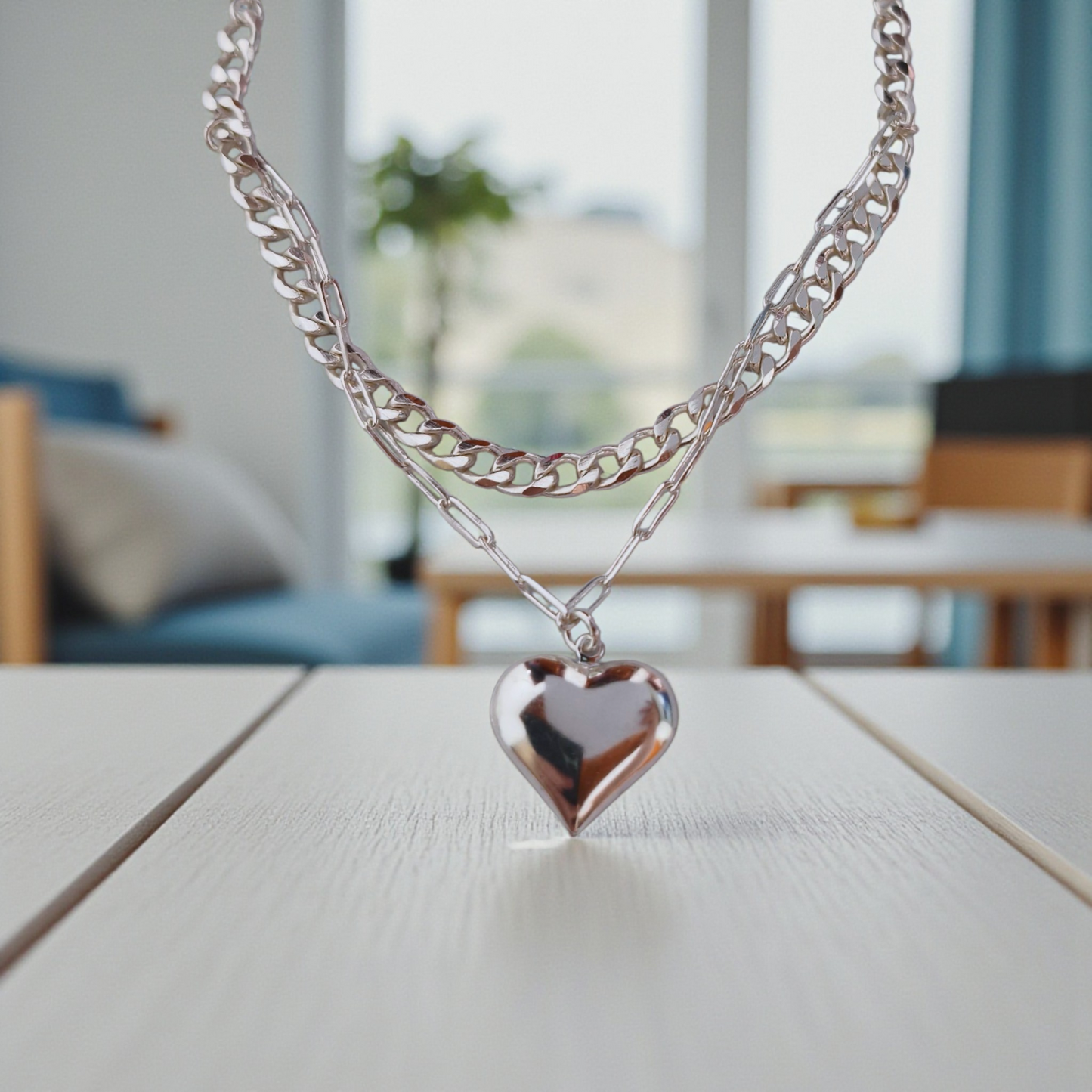 Colar Choker Duplo Coração Liso Prata 925