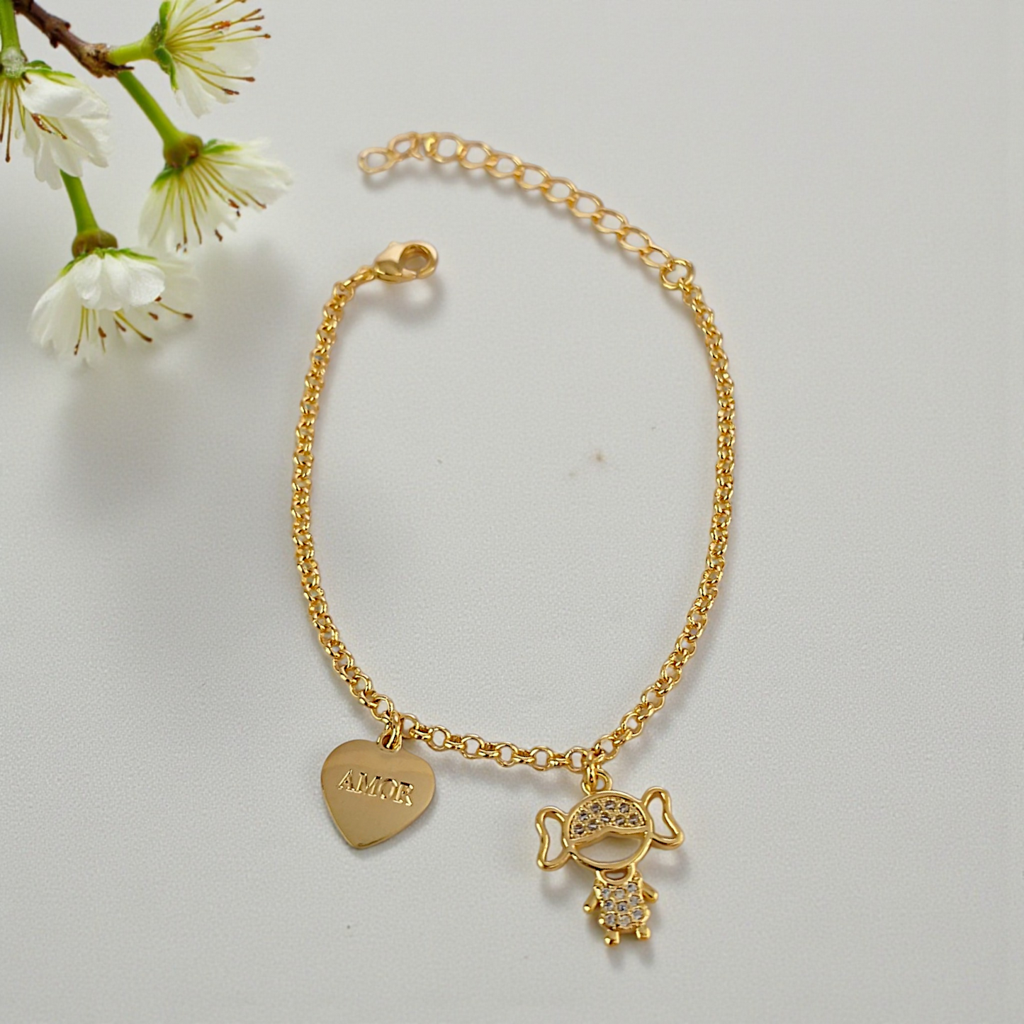 Pulseira Pingentes 1 Menina e Coração Love