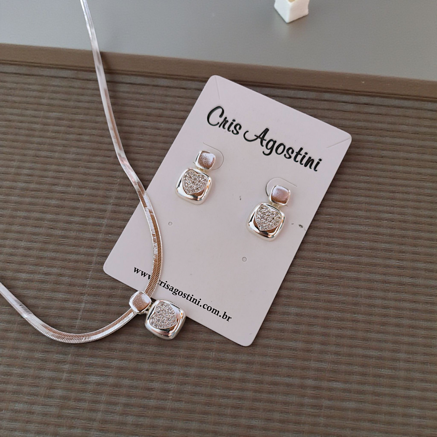 Conjunto Fita Quadradinho Coração Microzircônias Prata 925