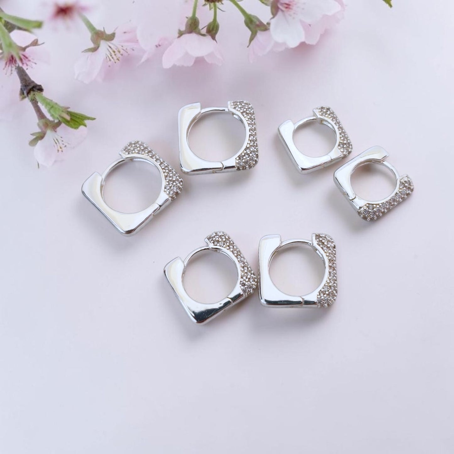 Brinco Trio Argolinhas Quadradas Microzircônias Prata 925