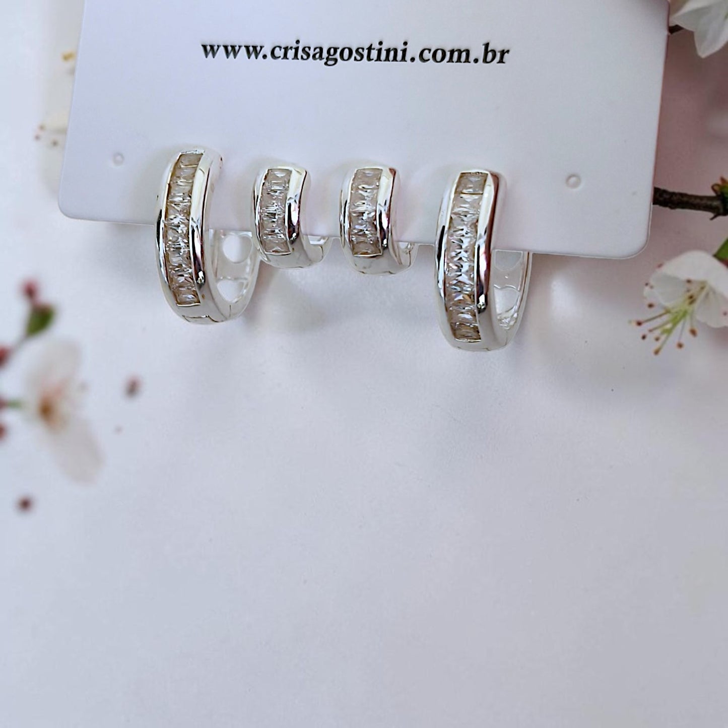 Brinco Dupla Argolinhas Baguetes Zircônias Prata 925