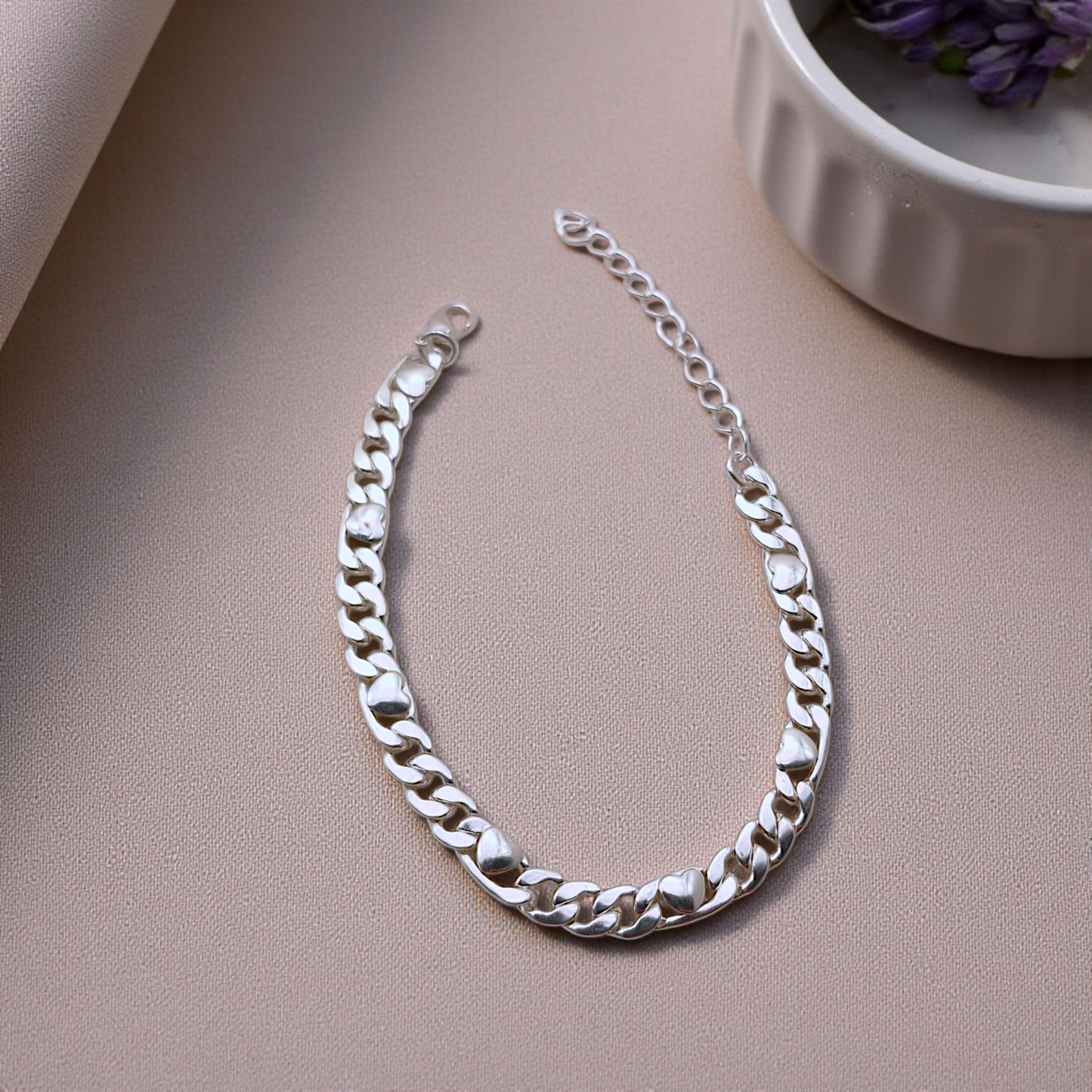 Pulseira Elos 3x1 Detalhe Coração Prata 925