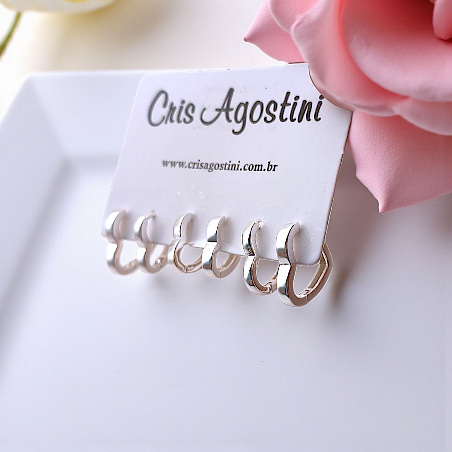 Brinco Trio Argolinhas Corações Lisos Prata 925