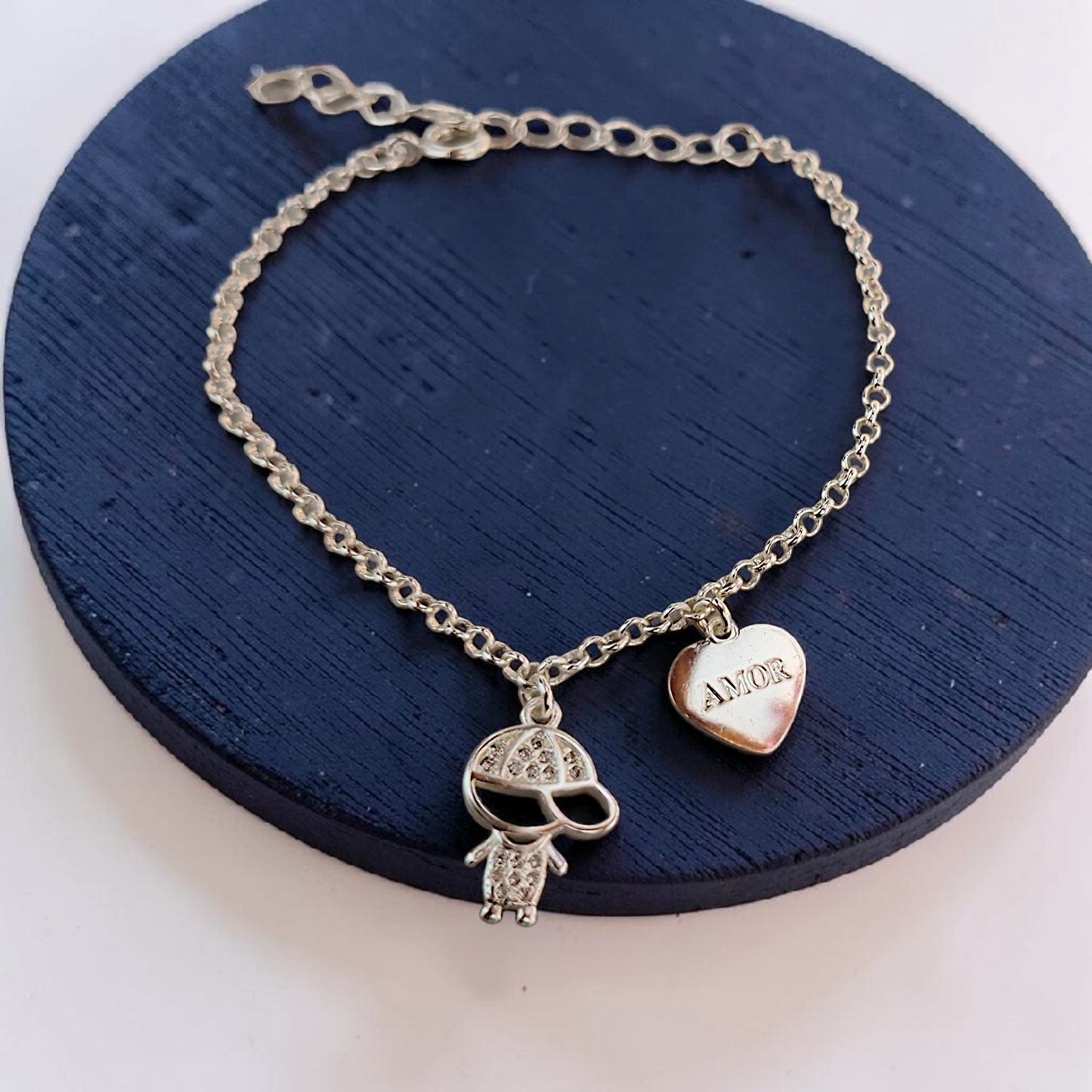 Pulseira Pingentes 1 Menino e Coração Love Prata 925