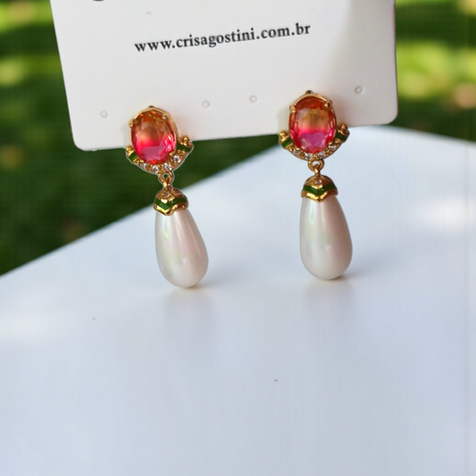 Brinco Base Zircônia Bicolor Pingente Pérola