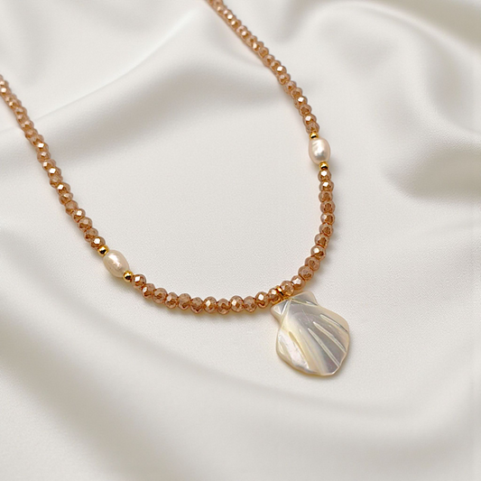 Colar Cristal, Pérola e Pingente Concha Madrepérola