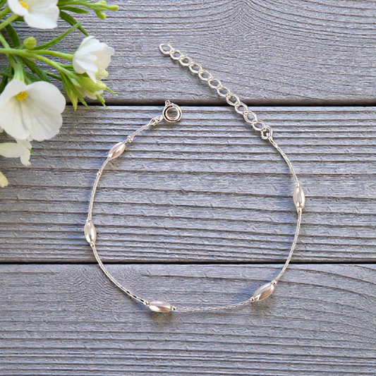 Pulseira Fininha Pérolas Arroz Prata 925