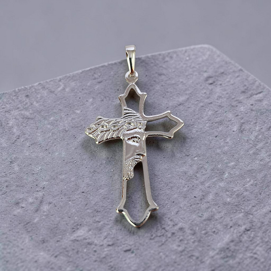 Pingente Crucifixo Face de Cristo 45x25mm Prata 925