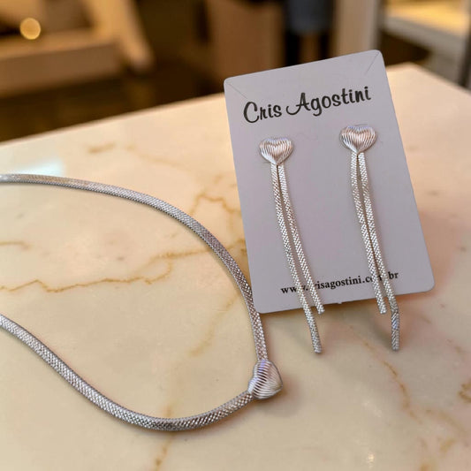Conjunto Coração Malha Serpente Prata 925