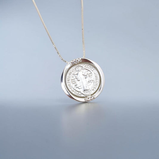 Colar São Bento Medalha Giratória 20mm Prata 925