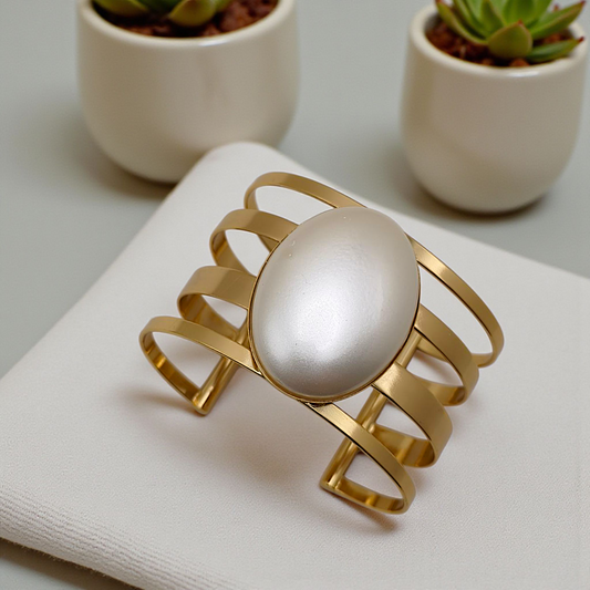 Pulseira Bracelete Maxi Vazado Pérola Oval