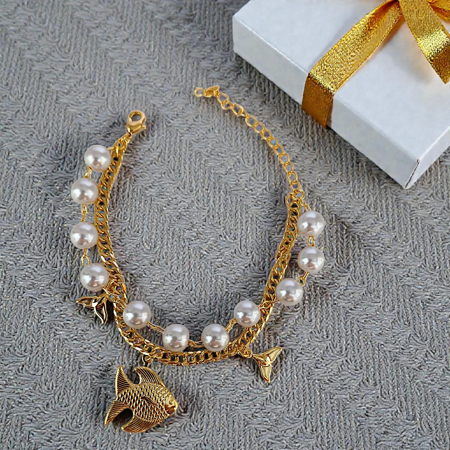 Pulseira Malha Dupla Pérolas e Pingente Peixe