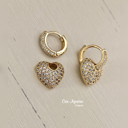 Brinco Argolinha Pingente Removível Coração Microzircônias