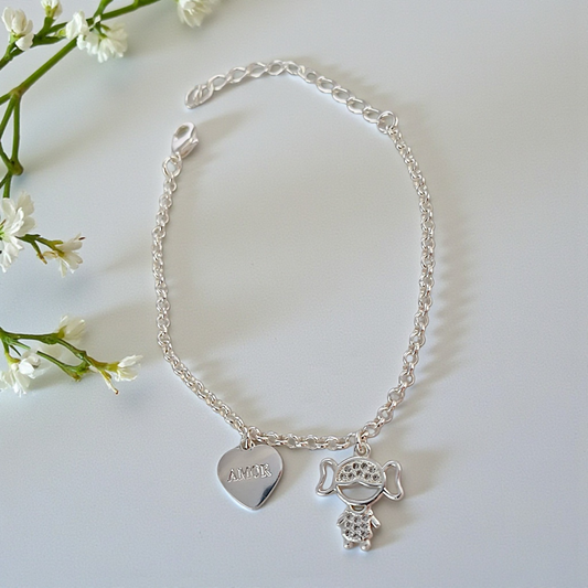 Pulseira Pingentes 1 Menina e Coração Love Prata 925