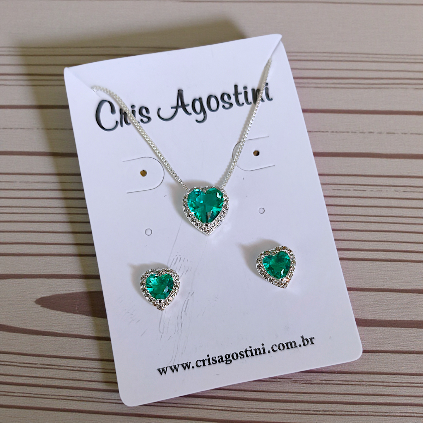 Conjunto Delicado Princesa Coração Verde Claro Prata 925