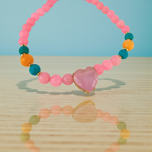 Colar Maxi Pedra Natural Jade Rosa, Turquesa e Coral e Pingente Coração Lapidado