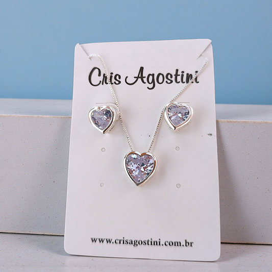 Conjunto Coração Cristal Caixa Prata 925