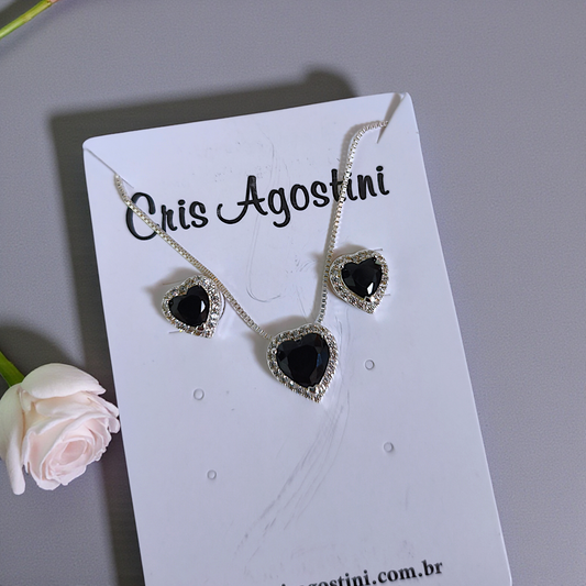 Conjunto Delicado Princesa Coração Negro Prata 925