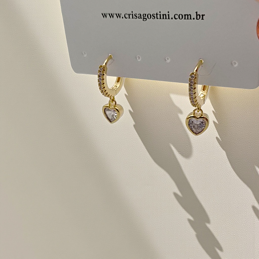 Brinco Argolinha Pingente Coração Zircônia