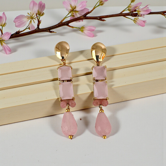 Brinco Pendente Zircônias e Pedra Natural Jade Rosa