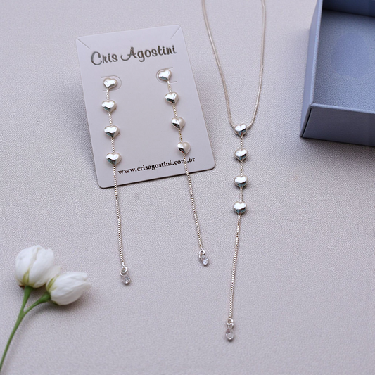 Conjunto Gravatinha Coração Prata 925