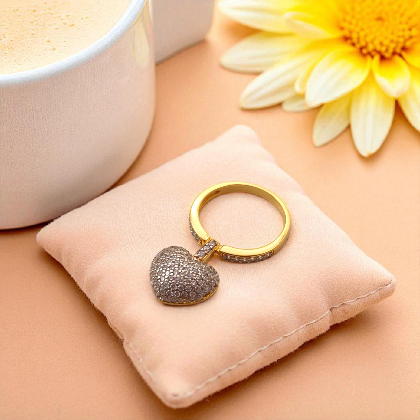 Anel Pingente Coração e Laterais Microzircônias