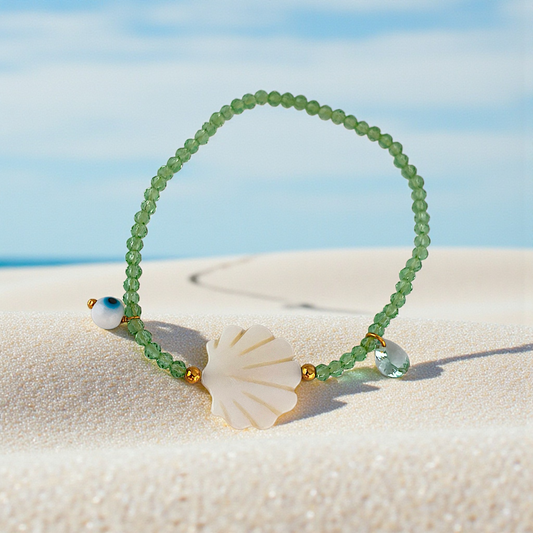 Pulseira Cristal, Concha Madrepérola, Olho Grego e Zircônia