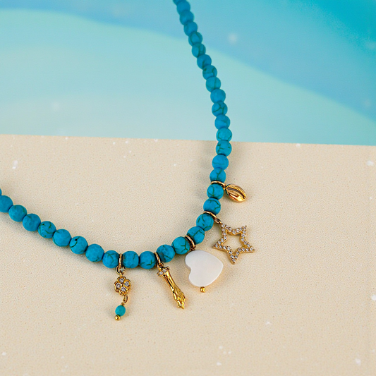 Colar Pedra Natural Turquesa e 5 Pingentes Diversos