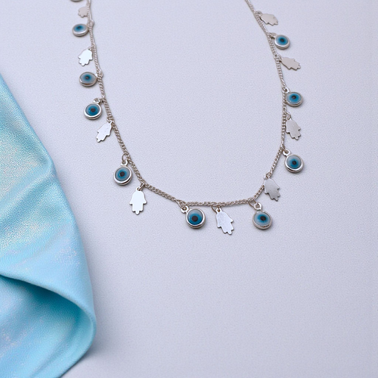 Colar Choker Olho Grego e Mão de Fátima Prata 925