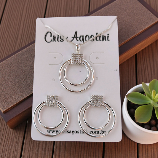 Conjunto Aros Detalhe Quadrado Microzircônias Prata 925