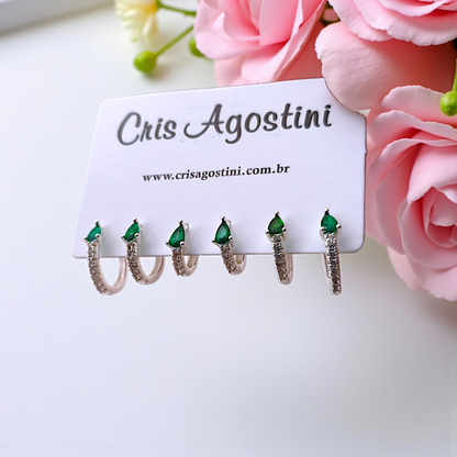 Brinco Trio Argolinhas Gotinha Zircônias Prata 925