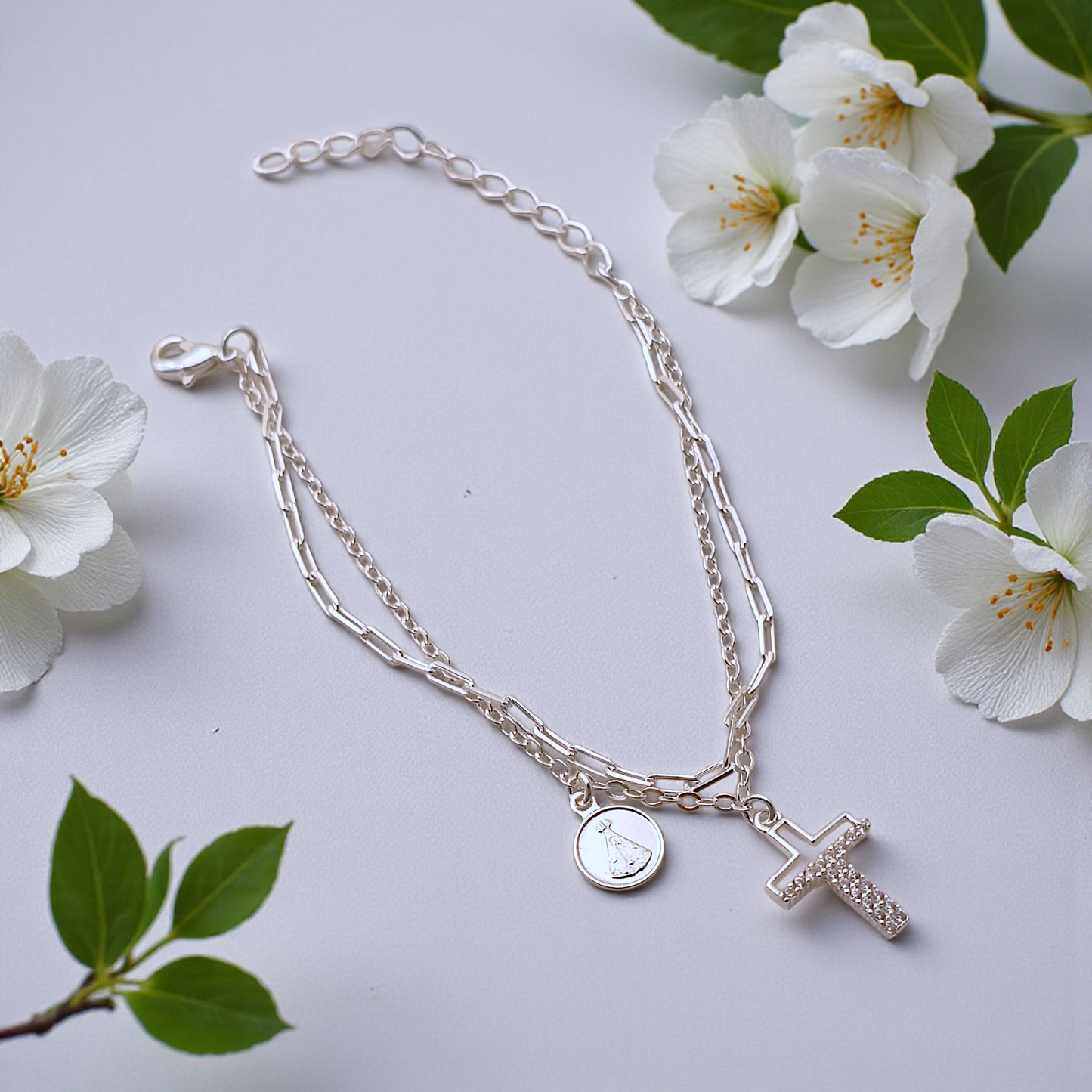 Pulseira Dupla Pingentes Crucifixo N. Senhora Prata 925