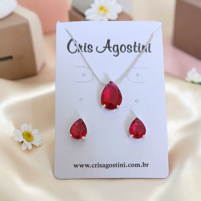 Conjunto Gota Zircônia Lapidada Prata 925