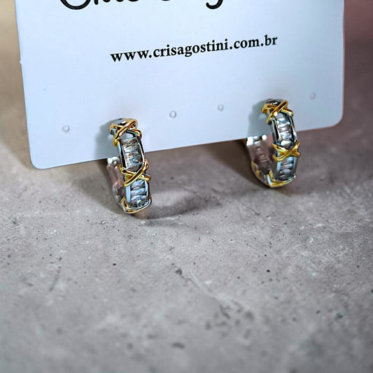 Brinco Argolinha Bicolor Baguetes Zircônias