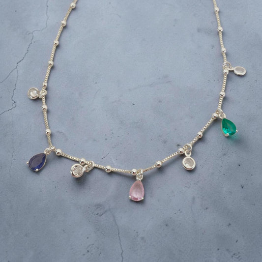 Colar Choker Bolinhas e Gotas Zircônias Colors Prata 925