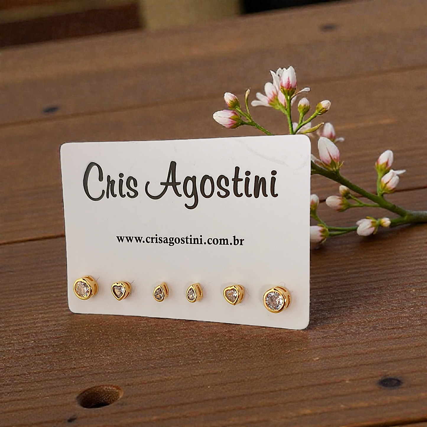 Trio Brincos Zircônia Círculo, Coração e Gota