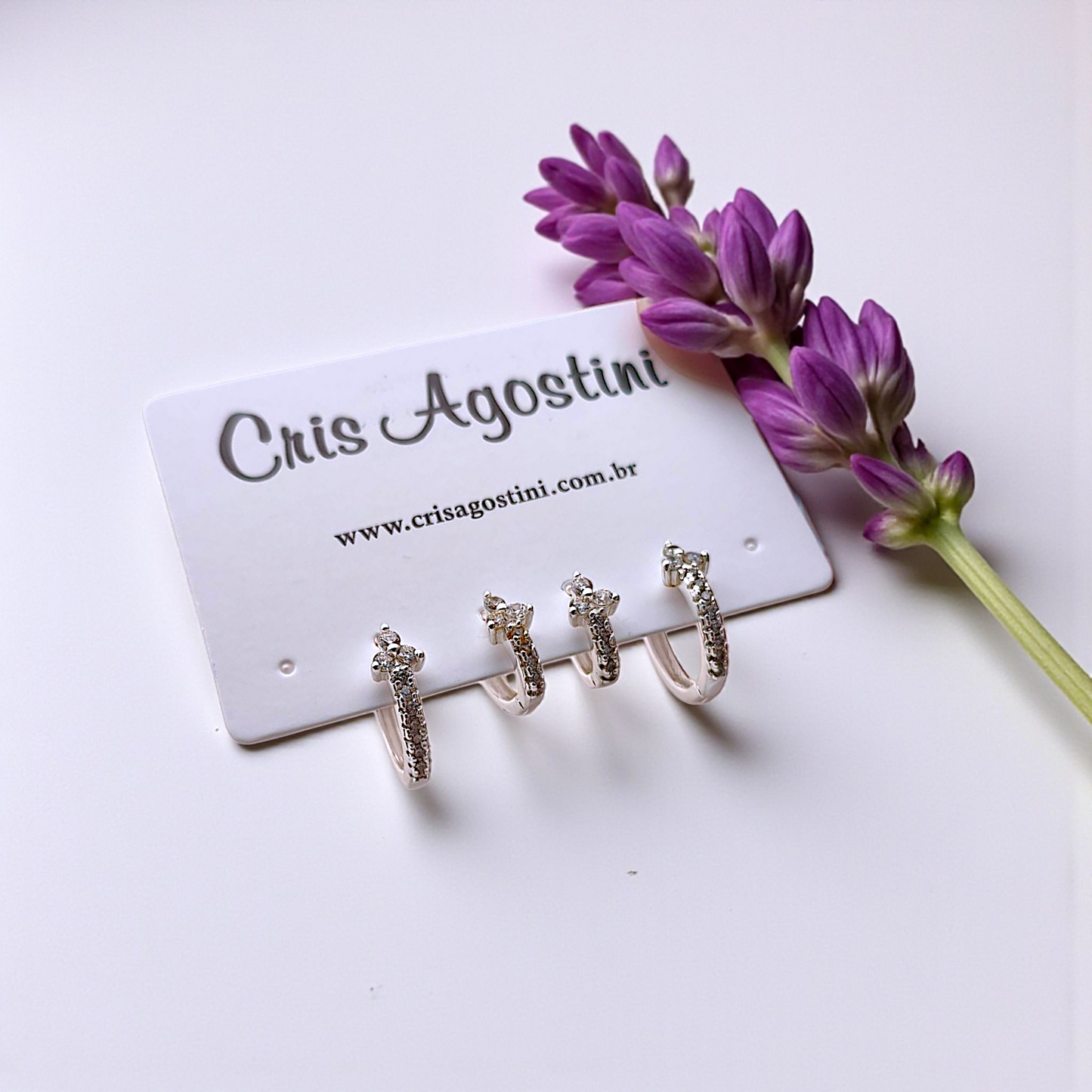 Brinco Dupla Argolinhas Florzinha Zircônias Prata 925