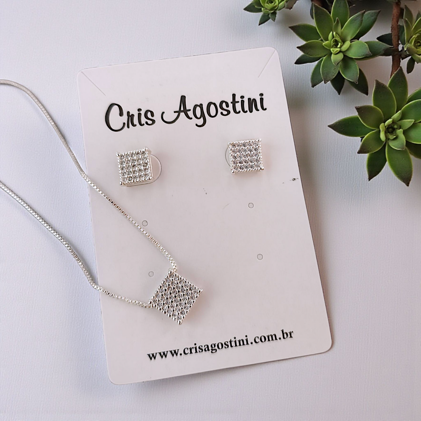 Conjunto Delicado Quadrado Microzircônias Prata 925