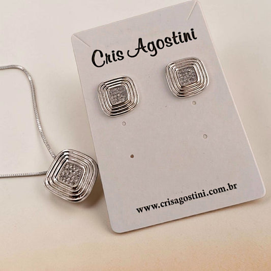 Conjunto Quadrado Frisos Microzircônias Prata 925