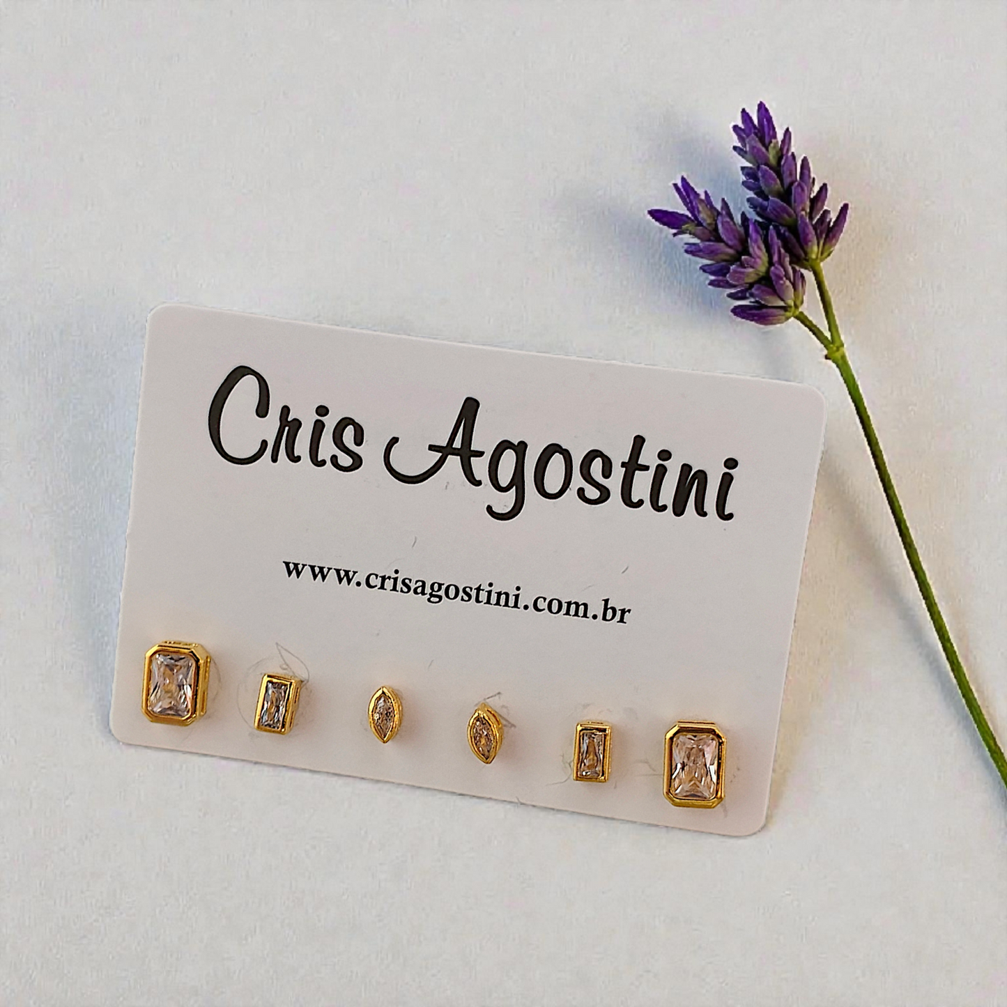 Trio Brincos Zircônia 2 Retângulos e Oval