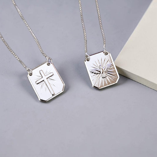 Colar Escapulário Crucifixo e Espírito Santo 70cm Prata 925