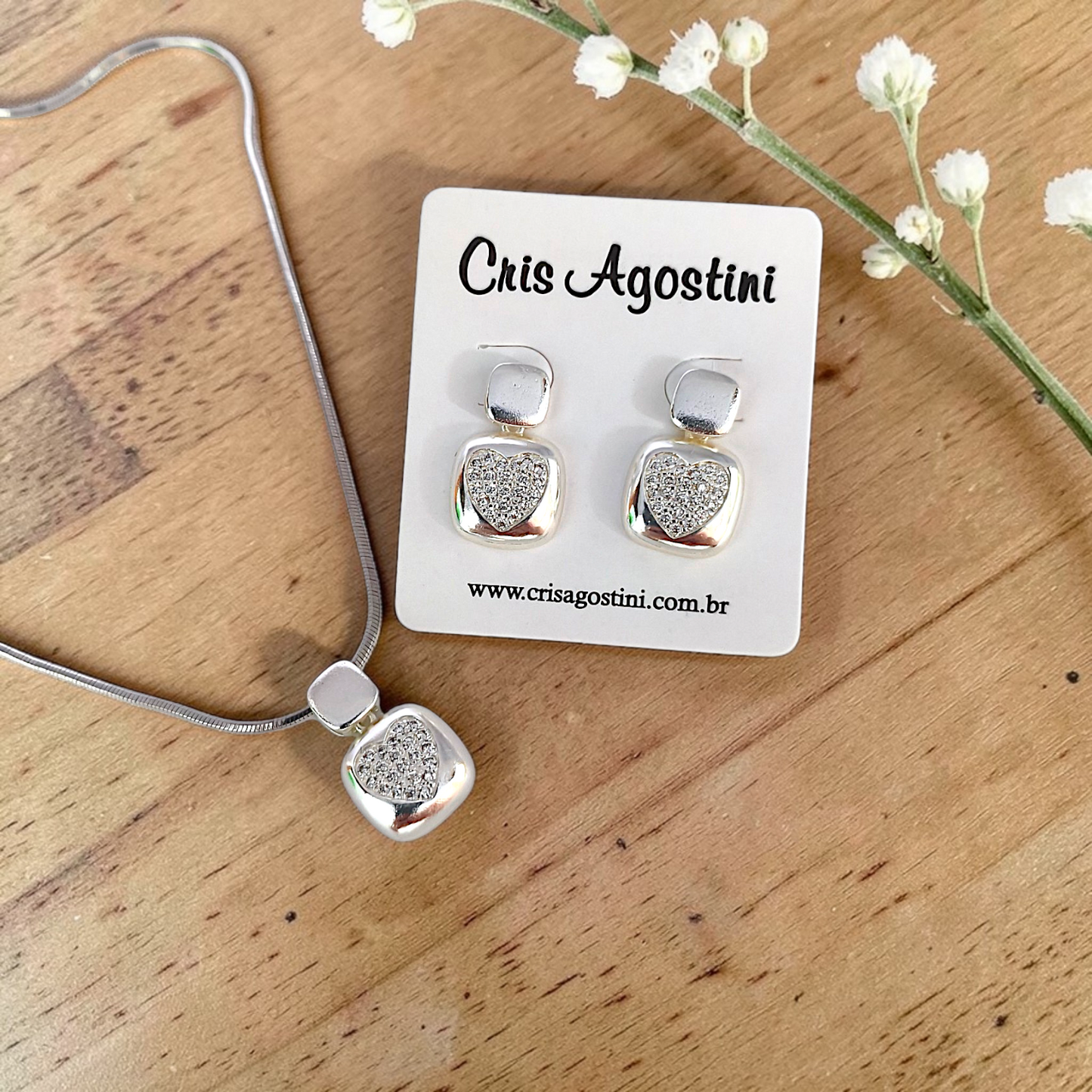 Conjunto Quadradinho Coração Microzircônias