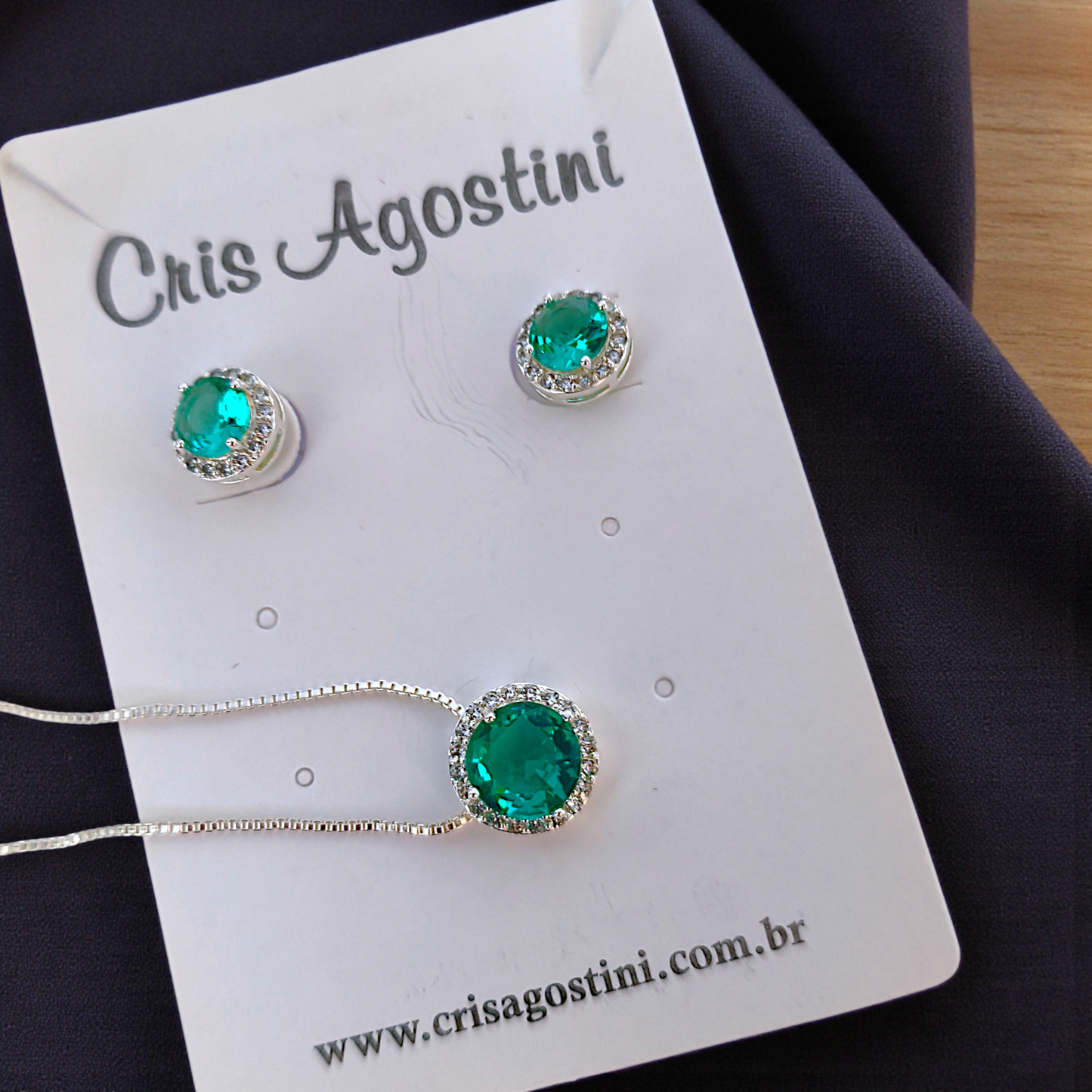 Conjunto Delicado Princesa Redondo Verde Claro Prata 925