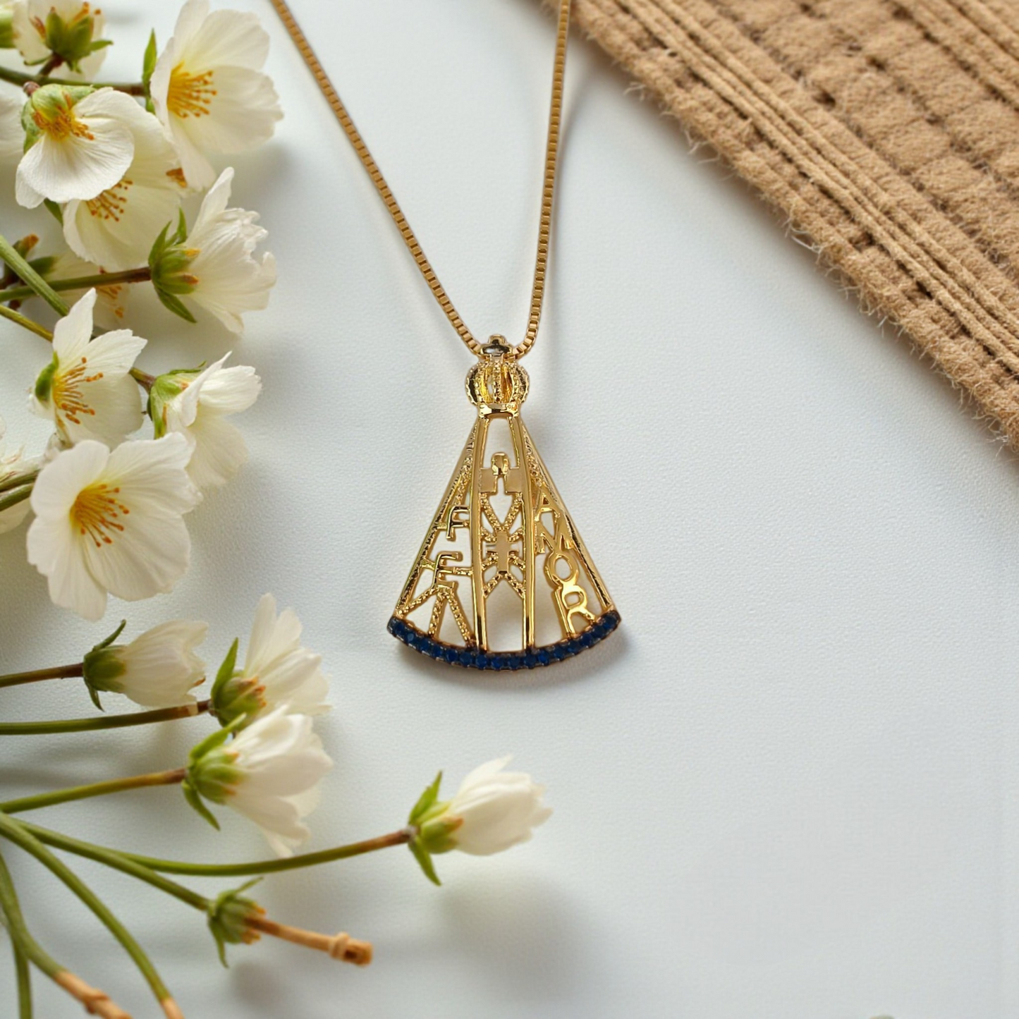 Colar N. Sra. Aparecida Vazada Barrado Azul 25mm